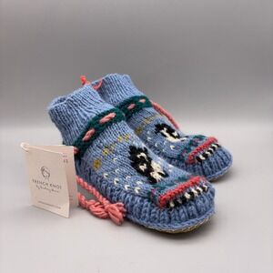 French Knot Slipper Socks Women S/M Blue Penguin Wool Leather Sole Nepal Artisan